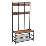 Wood and Metal Hall Tree with 12 Hooks and 3 Open Shelves, Brown and Black