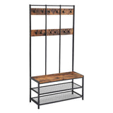 Benzara Wood and Metal Hall Tree with 12 Hooks and 3 Open Shelves, Brown and Black BM217107 Brown and Black Particle Board and Iron BM217107