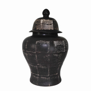 Benzara Ceramic Frame Temple Shape Lidded Jar, Antique Black BM217153 Black Ceramic BM217153