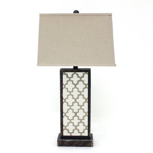 Benzara Rock Base Table Lamp with Drum Shade and Quatrefoil Pattern,Brown BM217232 Brown Stone, Fabric BM217232