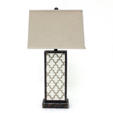 Benzara Rock Base Table Lamp with Drum Shade and Quatrefoil Pattern,Brown BM217232 Brown Stone, Fabric BM217232