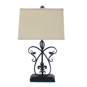 Benzara Scroll Design Metal Table Lamp with Rectangular Tier Base, Black BM217237 Black, Beige Metal, Fabric BM217237