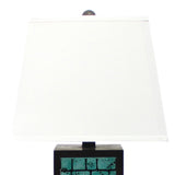 Benzara Rectangular Metal Frame Table Lamp with Brick Pattern, White and Blue BM217238 White, Blue Metal, Fabric BM217238