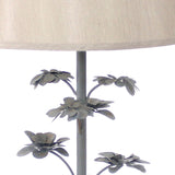 Benzara Flower Tree Design Metal Table Lamp with Tapered Drum Shade, Gray and Beige BM217241 Beige, Gray Metal, Fabric BM217241