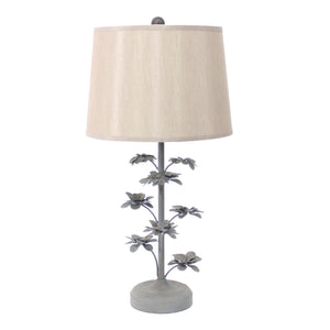 Benzara Flower Tree Design Metal Table Lamp with Tapered Drum Shade, Gray and Beige BM217241 Beige, Gray Metal, Fabric BM217241