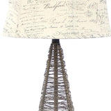 Benzara Metal Pyramid Base Table Lamp with Wire Design and Scripted Shade, Gray BM217244 Gray Metal, Fabric BM217244