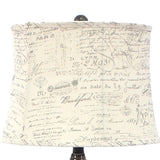 Benzara Metal Pyramid Base Table Lamp with Wire Design and Scripted Shade, Gray BM217244 Gray Metal, Fabric BM217244