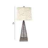 Benzara Metal Pyramid Base Table Lamp with Wire Design and Scripted Shade, Gray BM217244 Gray Metal, Fabric BM217244