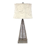 Benzara Metal Pyramid Base Table Lamp with Wire Design and Scripted Shade, Gray BM217244 Gray Metal, Fabric BM217244