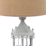 Benzara Metal Temple Design Base Table Lamp with Fabric Shade, Beige and Gray BM217245 Beige, Gray Metal, Fabric BM217245