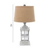 Benzara Metal Temple Design Base Table Lamp with Fabric Shade, Beige and Gray BM217245 Beige, Gray Metal, Fabric BM217245