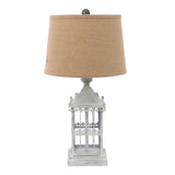 Benzara Metal Temple Design Base Table Lamp with Fabric Shade, Beige and Gray BM217245 Beige, Gray Metal, Fabric BM217245