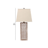 Benzara Table Lamp with Chevron Pattern and Mirror Inlay,Brown and Silver BM217248 Silver, Brown Solid wood, Fabric, Mirror BM217248