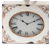 Benzara Clock Design Metal Table Lamp with Tapered Shade,White and Beige BM217251 White, Beige Metal, Fabric BM217251