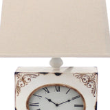 Benzara Clock Design Metal Table Lamp with Tapered Shade,White and Beige BM217251 White, Beige Metal, Fabric BM217251