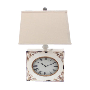 Benzara Clock Design Metal Table Lamp with Tapered Shade,White and Beige BM217251 White, Beige Metal, Fabric BM217251