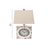 Benzara Clock Design Metal Table Lamp with Tapered Shade,White and Beige BM217251 White, Beige Metal, Fabric BM217251