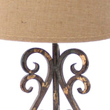 Benzara Metal Table Lamp with Scroll Design Base and 2 Way Switch,Bronze and Beige BM217252 Bronze, Beige Metal, Fabric BM217252