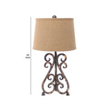 Benzara Metal Table Lamp with Scroll Design Base and 2 Way Switch,Bronze and Beige BM217252 Bronze, Beige Metal, Fabric BM217252