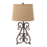 Benzara Metal Table Lamp with Scroll Design Base and 2 Way Switch,Bronze and Beige BM217252 Bronze, Beige Metal, Fabric BM217252