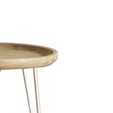 Benzara Round Wooden Side Table with Metal Hairpin Legs, Brown and White BM217271 Brown and White Fir Wood and Metal BM217271