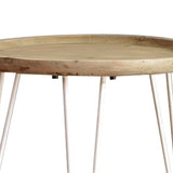 Benzara Round Wooden Side Table with Metal Hairpin Legs, Brown and White BM217271 Brown and White Fir Wood and Metal BM217271