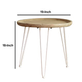 Benzara Round Wooden Side Table with Metal Hairpin Legs, Brown and White BM217271 Brown and White Fir Wood and Metal BM217271