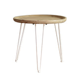 Benzara Round Wooden Side Table with Metal Hairpin Legs, Brown and White BM217271 Brown and White Fir Wood and Metal BM217271