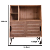 Benzara Wooden Storage with 3 Open Compartments and 2 Sliding Doors, Brown BM217277 Brown Solid Wood and Metal BM217277