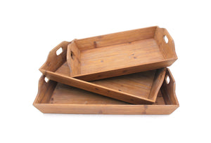 Benzara Rectangular Wooden Serving Tray with Cut Out Handles, Set of 3, Brown BM217292 Brown Solid Wood BM217292