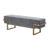 Benzara Button Tufted Fabric Upholstered Bench with Metal Base, Gray and Brass BM217303 Gray and Brass Metal and Fabric BM217303