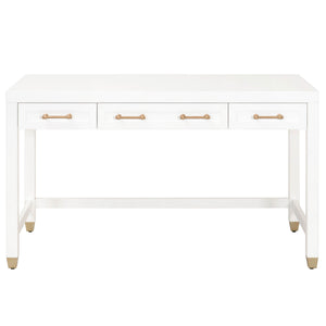 Benzara 3 Drawers Wooden Frame Desk with Metal Tips, White and Brass BM217325 White and Brass Solid Wood, MDF and Metal BM217325