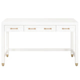 3 Drawers Wooden Frame Desk with Metal Tips, White and Brass