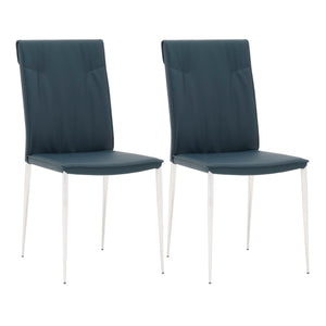 Benzara Leatherette Dining Chair with Slim Legs and Piped Edges, Set of 2,Navy Blue BM217366 Blue Faux Leather, Metal BM217366