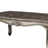 Benzara Wooden Cocktail Table with Marble Top and Carved Details, Gray BM218022 Gray Solid Wood and Marble BM218022