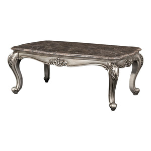 Benzara Wooden Cocktail Table with Marble Top and Carved Details, Gray BM218022 Gray Solid Wood and Marble BM218022