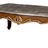 Benzara Wooden Cocktail Table with Marble Top and Carved Details, Gray and Brown BM218024 Gray and Brown Solid Wood and Marble BM218024