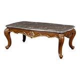 Benzara Wooden Cocktail Table with Marble Top and Carved Details, Gray and Brown BM218024 Gray and Brown Solid Wood and Marble BM218024