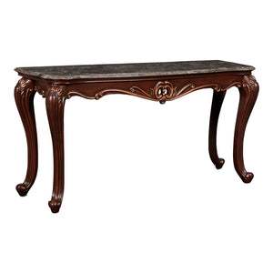 Benzara Wooden Console Table with Marble Top and Carved Details, Gray and Brown BM218025 Gray and Brown Solid Wood and Marble BM218025