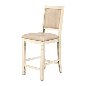 Benzara Wooden Counter Chair with Fabric Padded Back, Set of 2, Antique White BM218038 White Solid wood, Fabric BM218038