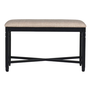 Benzara Fabric Counter Bench with Turned Legs and X Shaped Support, Beige and Black BM218113 Beige and Black Solid Wood, Fabric and Veneer BM218113