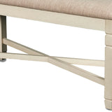 Benzara Fabric Dining Bench with Turned Legs and X Shaped Support, Beige and White BM218114 Beige and White Solid Wood, Fabric and Veneer BM218114