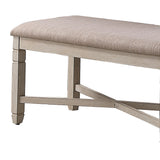 Benzara Fabric Counter Bench with Turned Legs and X Shaped Support, Beige and White BM218115 Beige and White Solid Wood, Fabric and Veneer BM218115