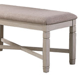 Benzara Fabric Counter Bench with Turned Legs and X Shaped Support, Beige and White BM218115 Beige and White Solid Wood, Fabric and Veneer BM218115