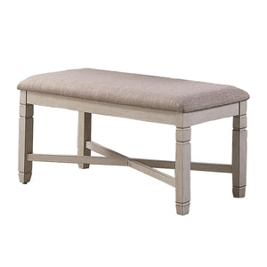 Benzara Fabric Counter Bench with Turned Legs and X Shaped Support, Beige and White BM218115 Beige and White Solid Wood, Fabric and Veneer BM218115