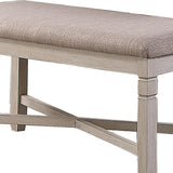 Benzara Fabric Counter Bench with Turned Legs and X Shaped Support, Beige and White BM218115 Beige and White Solid Wood, Fabric and Veneer BM218115