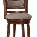 Benzara Curved Swivel Barstool with Fabric Padded Seating, Brown and Beige BM218131 Brown and Beige Solid Wood, Fabric and Veneer BM218131