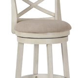 Benzara Curved X Shaped Back Swivel Barstool with Fabric Padded Seating, White BM218132 White Solid Wood, Fabric and Veneer BM218132