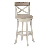 Benzara Curved X Shaped Back Swivel Barstool with Fabric Padded Seating, White BM218132 White Solid Wood, Fabric and Veneer BM218132