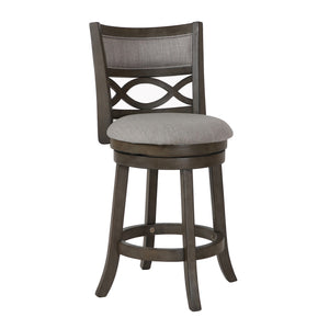 Benzara Curved Lattice Back Swivel Counter Stool with Fabric Seat, Antique Gray BM218142 Gray Solid Wood, Fabric and Veneer BM218142